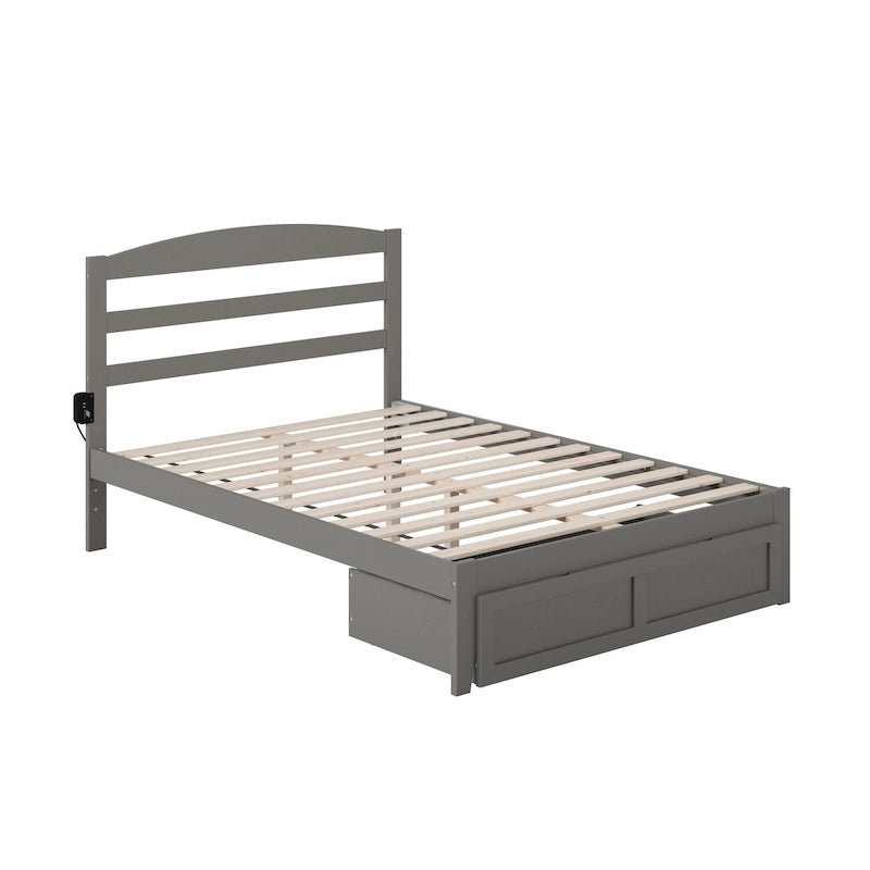 Letto a piattaforma in legno massiccio bianco/noce/grigio/espresso con cassetto ai piedi e stazione di ricarica per 1-2 persone