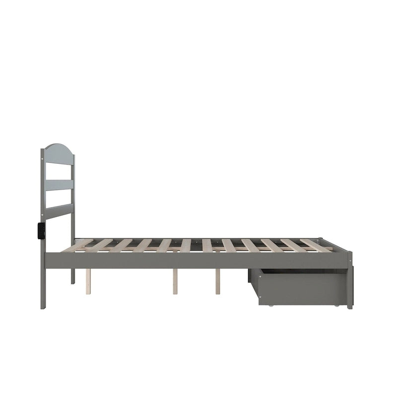 Letto a piattaforma in legno massiccio bianco/noce/grigio/espresso con cassetto ai piedi e stazione di ricarica per 1-2 persone