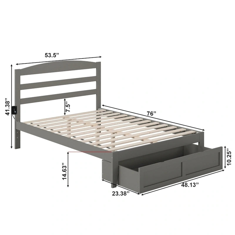 Letto a piattaforma in legno massiccio bianco/noce/grigio/espresso con cassetto ai piedi e stazione di ricarica per 1-2 persone