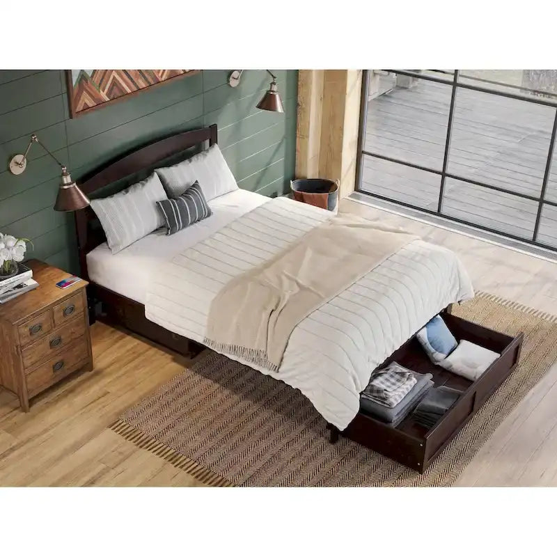 Letto a piattaforma in legno massiccio bianco/noce/grigio/espresso con cassetto ai piedi e stazione di ricarica per 1-2 persone