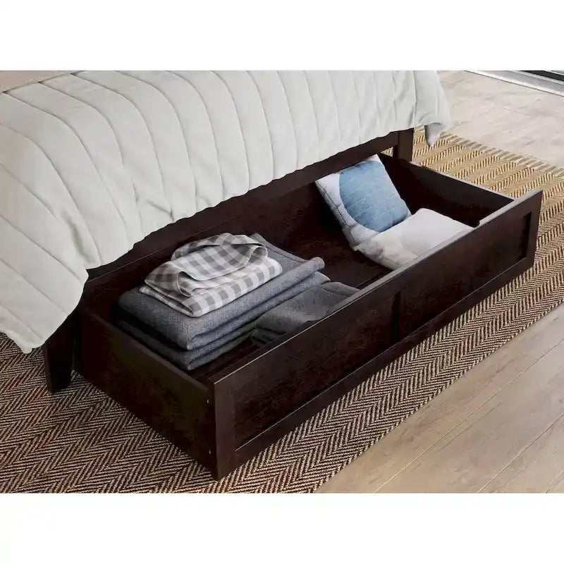 Letto a piattaforma in legno massiccio bianco/noce/grigio/espresso con cassetto ai piedi e stazione di ricarica per 1-2 persone
