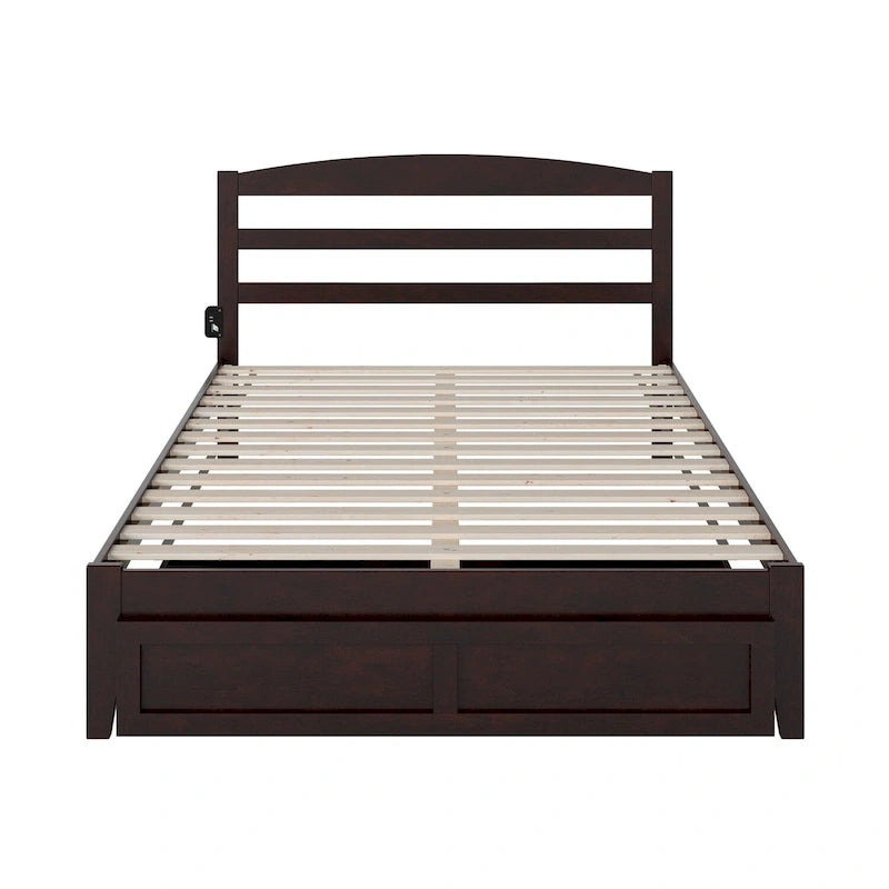 Letto a piattaforma in legno massiccio bianco/noce/grigio/espresso con cassetto ai piedi e stazione di ricarica per 1-2 persone