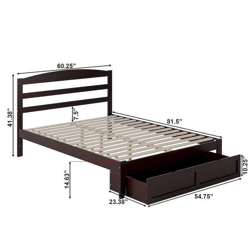Letto a piattaforma in legno massiccio bianco/noce/grigio/espresso con cassetto ai piedi e stazione di ricarica per 1-2 persone