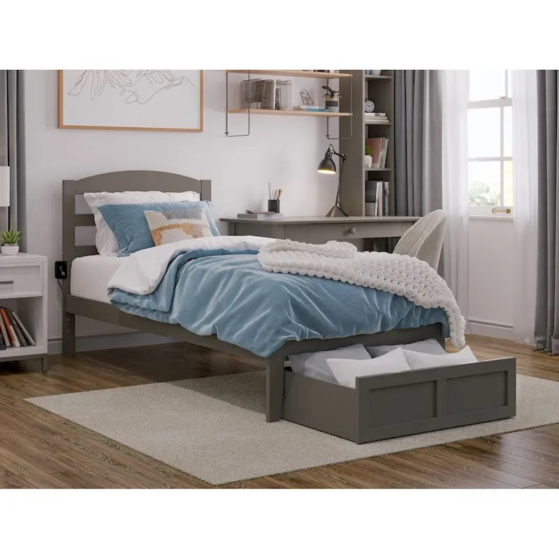 Letto a piattaforma in legno massiccio bianco/noce/grigio/espresso con cassetto ai piedi e stazione di ricarica per 1-2 persone