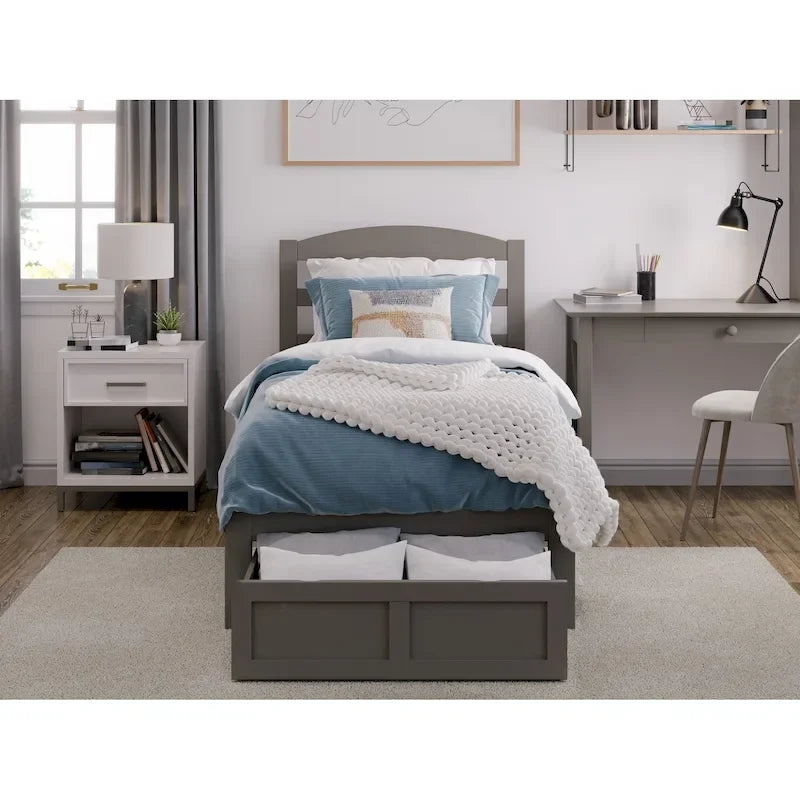 Letto a piattaforma in legno massiccio bianco/noce/grigio/espresso con cassetto ai piedi e stazione di ricarica per 1-2 persone