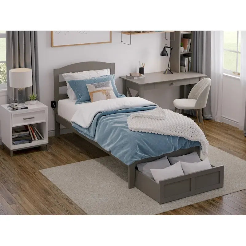 Letto a piattaforma in legno massiccio bianco/noce/grigio/espresso con cassetto ai piedi e stazione di ricarica per 1-2 persone
