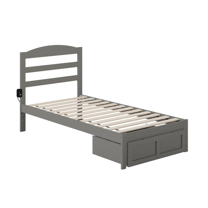Letto a piattaforma in legno massiccio bianco/noce/grigio/espresso con cassetto ai piedi e stazione di ricarica per 1-2 persone