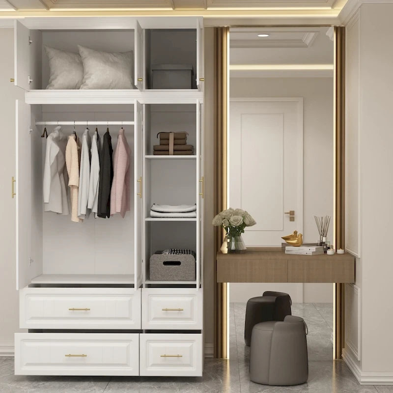Armadio guardaroba bianco in legno composito con cassetti e asta appendiabiti, per 1 persona