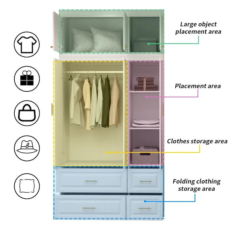 Armadio guardaroba bianco in legno composito con cassetti e asta appendiabiti, per 1 persona