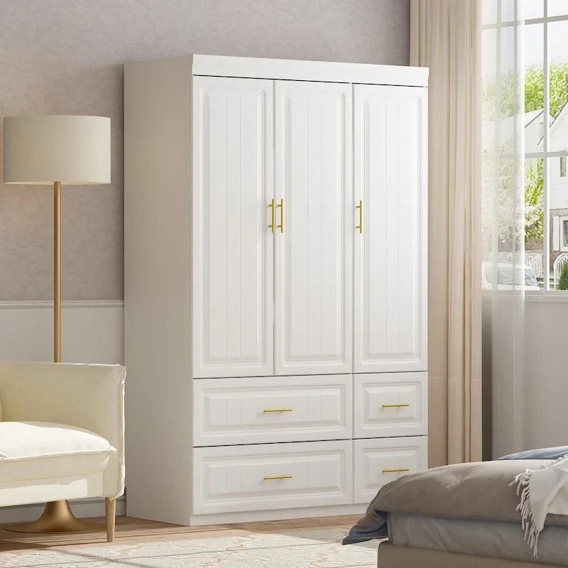 Armadio guardaroba bianco in legno composito con cassetti e asta appendiabiti, per 1 persona