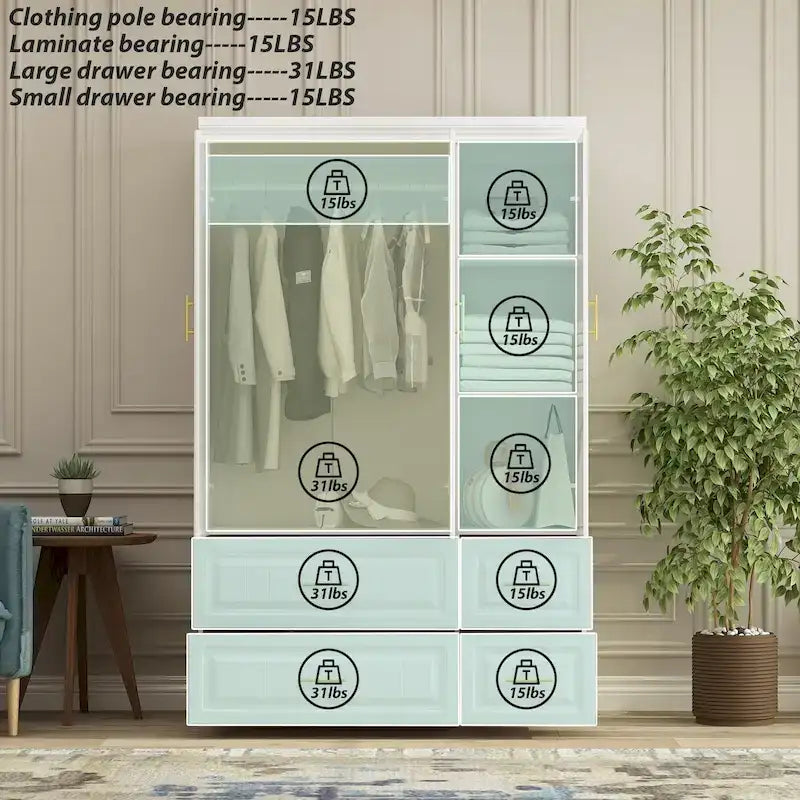 Armadio guardaroba bianco in legno composito con cassetti e asta appendiabiti, per 1 persona