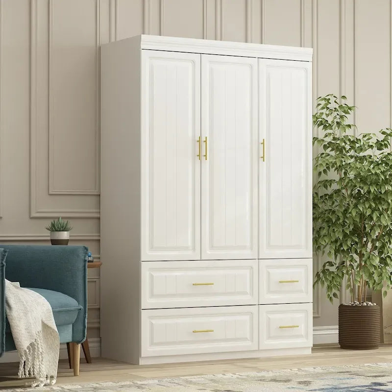 Armadio guardaroba bianco in legno composito con cassetti e asta appendiabiti, per 1 persona