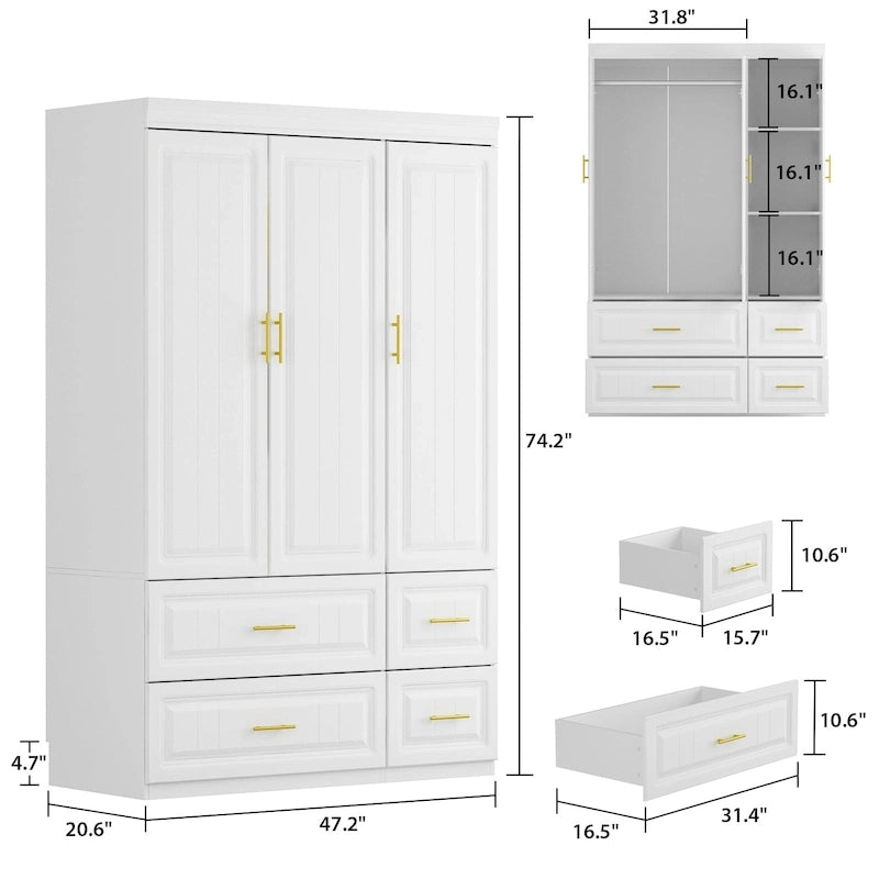 Armadio guardaroba bianco in legno composito con cassetti e asta appendiabiti, per 1 persona