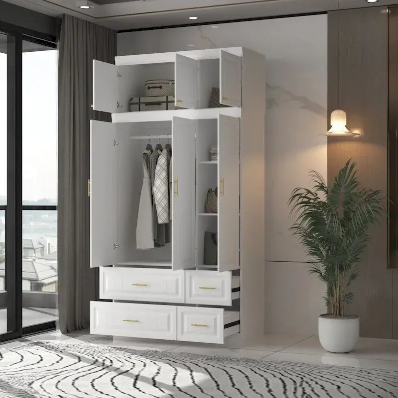 Armadio guardaroba bianco in legno composito con cassetti e asta appendiabiti, per 1 persona