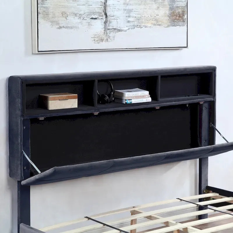 Letto a piattaforma imbottito grigio con contenitore e porte USB, per 1-2 persone