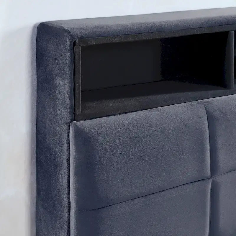 Letto a piattaforma imbottito grigio con contenitore e porte USB, per 1-2 persone