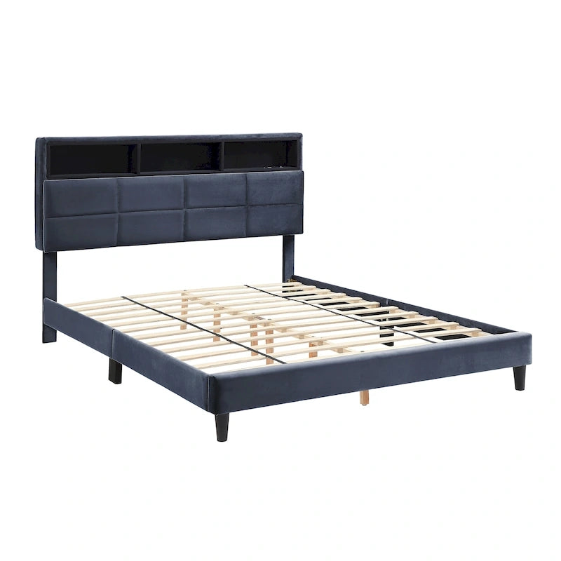 Letto a piattaforma imbottito grigio con contenitore e porte USB, per 1-2 persone