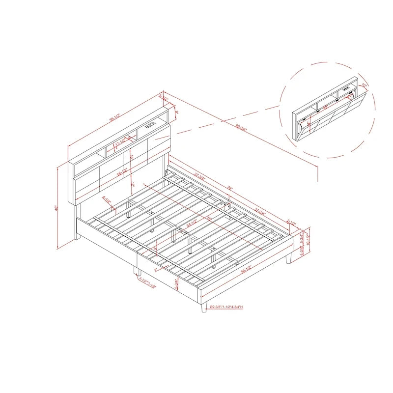 Letto a piattaforma imbottito grigio con contenitore e porte USB, per 1-2 persone