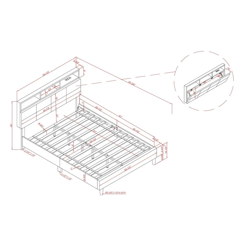 Letto a piattaforma imbottito grigio con contenitore e porte USB, per 1-2 persone