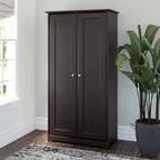 Armadietto alto a 2 ante in MDF, con ripiani regolabili, colore Rovere Espresso / Rovere Bianco Lino / Grigio Moderno / Pino Recuperato, per 1 persona
