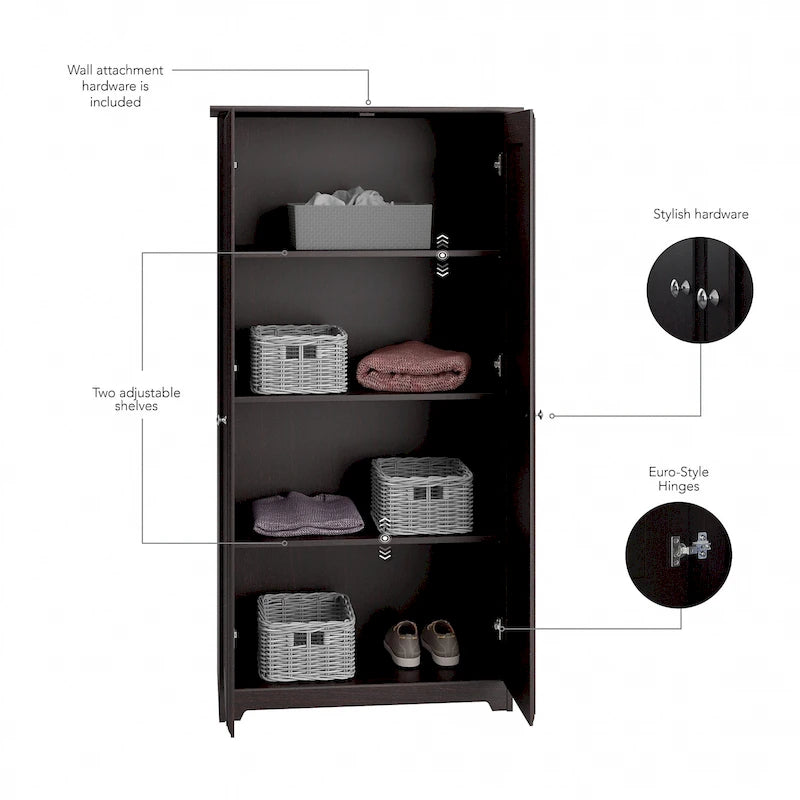 Armadietto alto a 2 ante in MDF, con ripiani regolabili, colore Rovere Espresso / Rovere Bianco Lino / Grigio Moderno / Pino Recuperato, per 1 persona