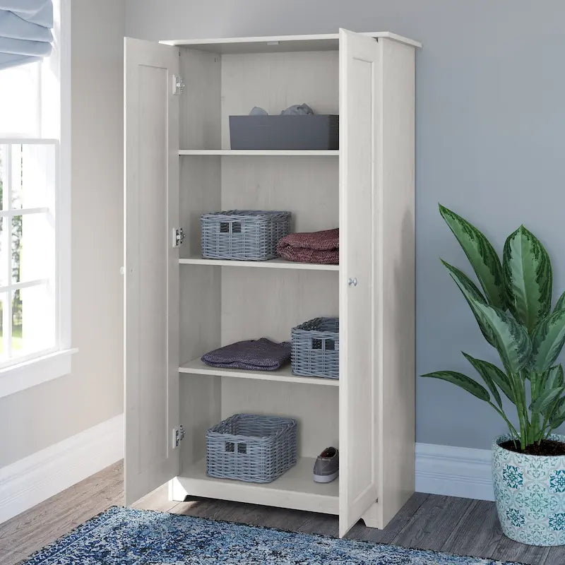 Armadietto alto a 2 ante in MDF, con ripiani regolabili, colore Rovere Espresso / Rovere Bianco Lino / Grigio Moderno / Pino Recuperato, per 1 persona