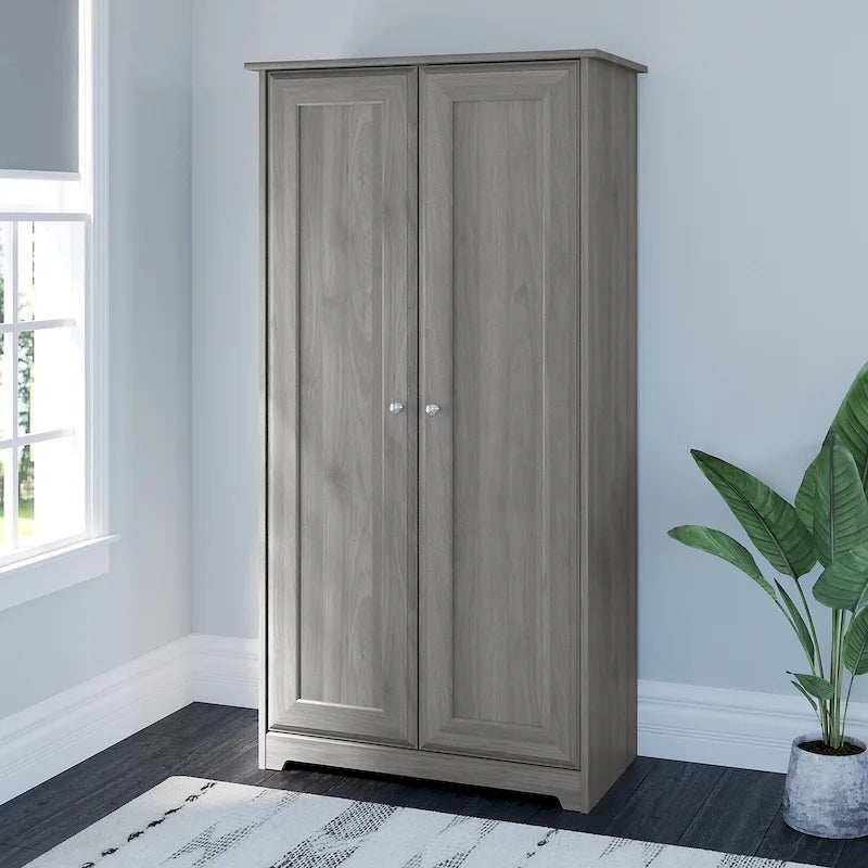 Armadietto alto a 2 ante in MDF, con ripiani regolabili, colore Rovere Espresso / Rovere Bianco Lino / Grigio Moderno / Pino Recuperato, per 1 persona