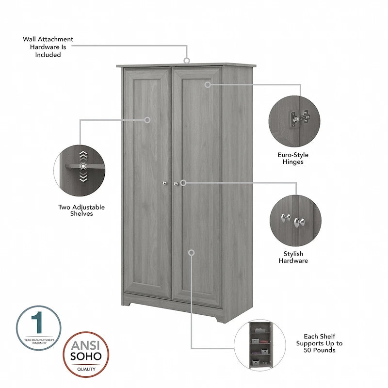 Armadietto alto a 2 ante in MDF, con ripiani regolabili, colore Rovere Espresso / Rovere Bianco Lino / Grigio Moderno / Pino Recuperato, per 1 persona