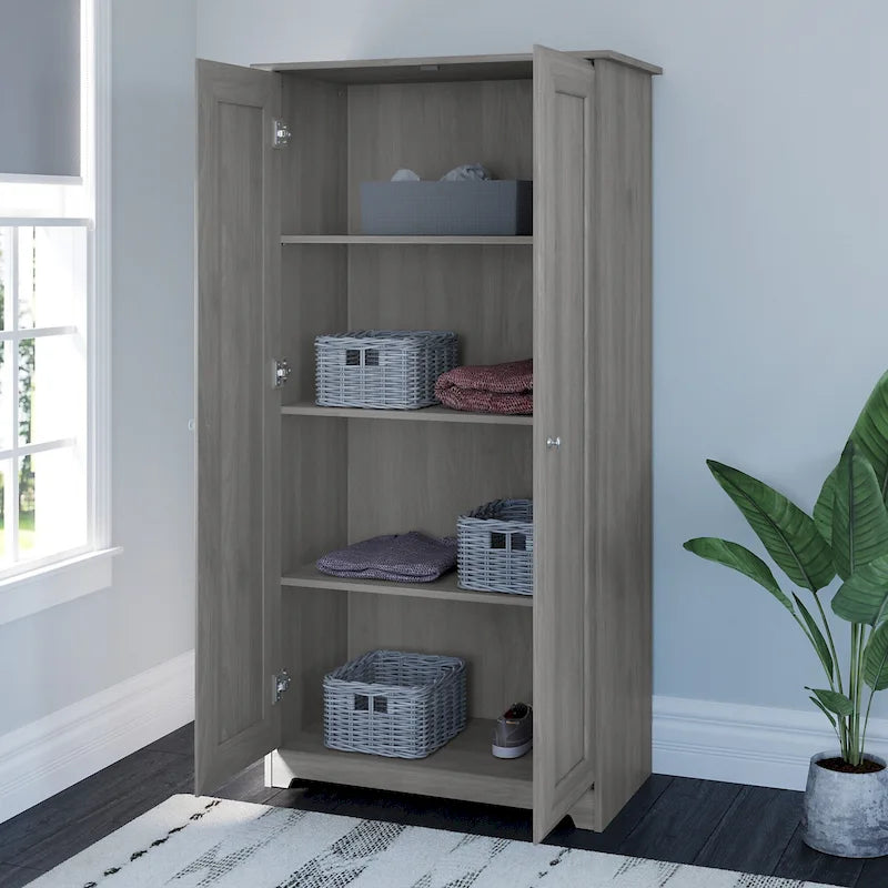Armadietto alto a 2 ante in MDF, con ripiani regolabili, colore Rovere Espresso / Rovere Bianco Lino / Grigio Moderno / Pino Recuperato, per 1 persona