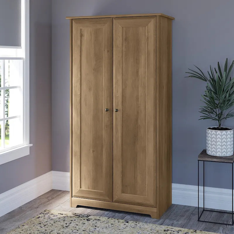 Armadietto alto a 2 ante in MDF, con ripiani regolabili, colore Rovere Espresso / Rovere Bianco Lino / Grigio Moderno / Pino Recuperato, per 1 persona
