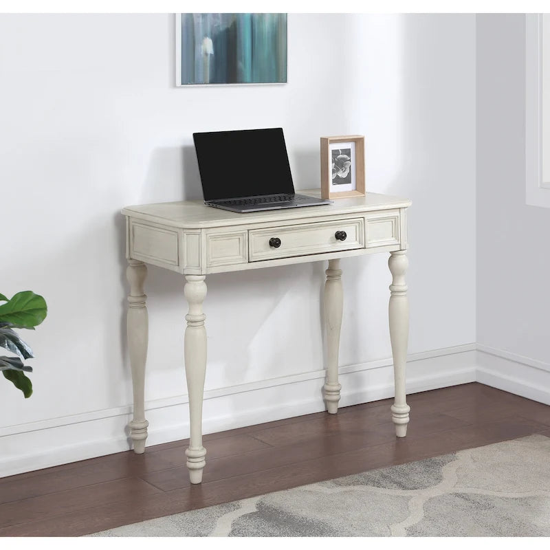 Scrivania in legno massello colore Plantation Grey / Bianco antico con cassetto a estrazione totale e gambe tornite, per 1 persona