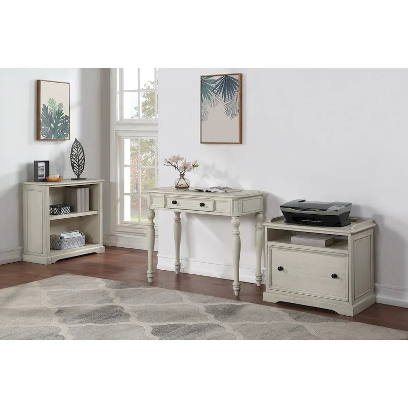 Scrivania in legno massello colore Plantation Grey / Bianco antico con cassetto a estrazione totale e gambe tornite, per 1 persona