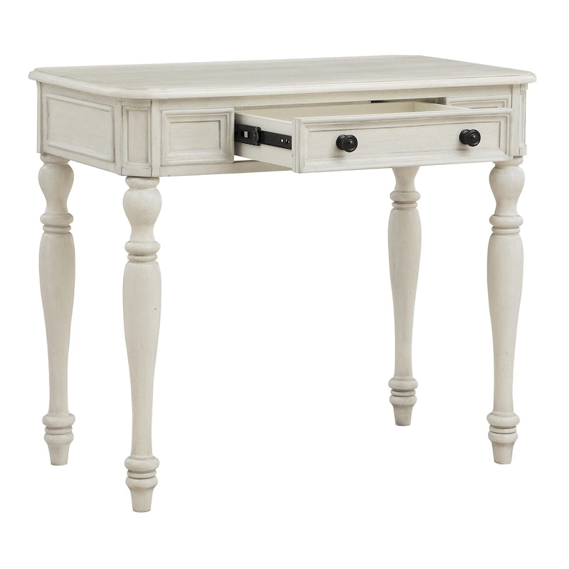 Scrivania in legno massello colore Plantation Grey / Bianco antico con cassetto a estrazione totale e gambe tornite, per 1 persona