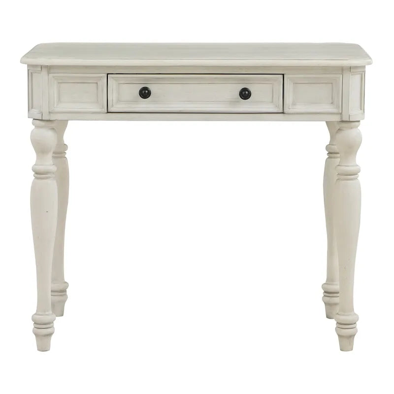 Scrivania in legno massello colore Plantation Grey / Bianco antico con cassetto a estrazione totale e gambe tornite, per 1 persona