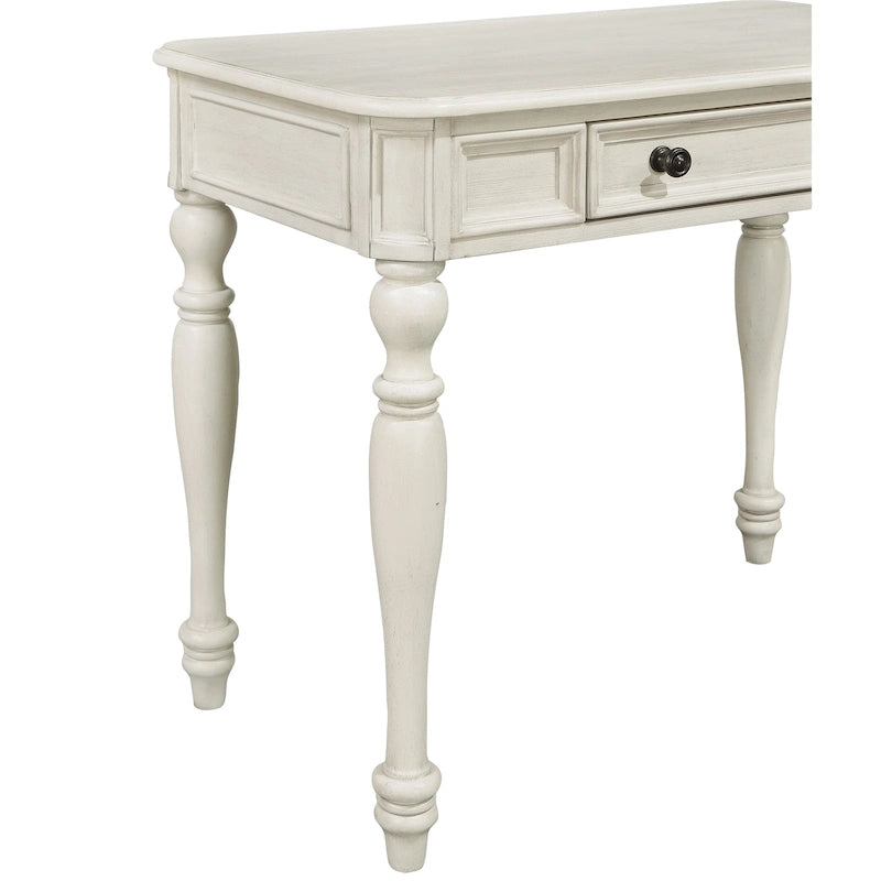 Scrivania in legno massello colore Plantation Grey / Bianco antico con cassetto a estrazione totale e gambe tornite, per 1 persona