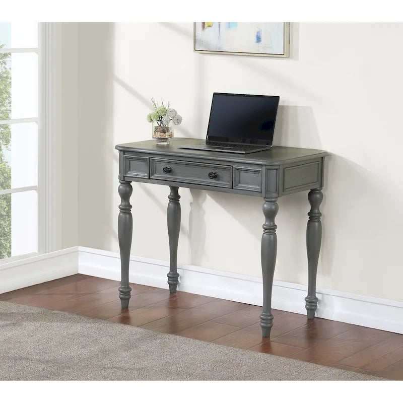 Scrivania in legno massello colore Plantation Grey / Bianco antico con cassetto a estrazione totale e gambe tornite, per 1 persona