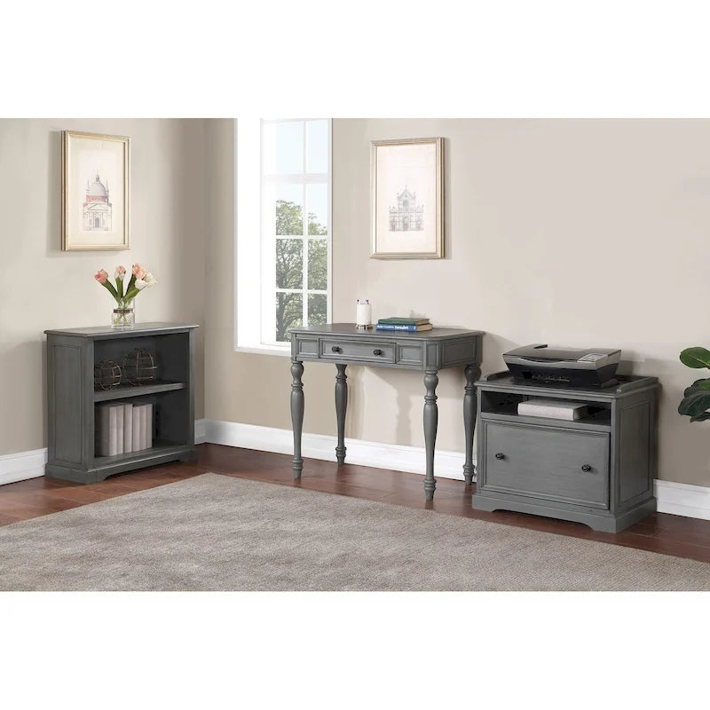 Scrivania in legno massello colore Plantation Grey / Bianco antico con cassetto a estrazione totale e gambe tornite, per 1 persona
