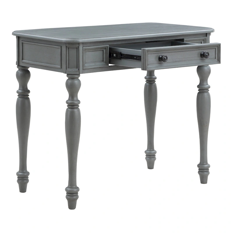 Scrivania in legno massello colore Plantation Grey / Bianco antico con cassetto a estrazione totale e gambe tornite, per 1 persona