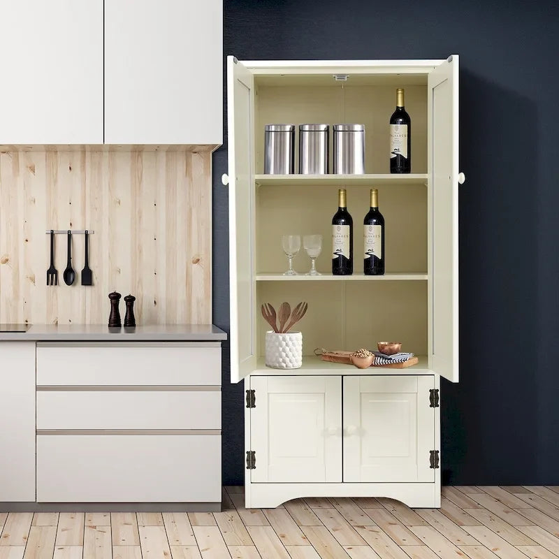 Mobile Contenitore a 4 Ripiani con 2 Ante e Scaffali Regolabili in MDF, Bianco Sporco/Nero, per 1 Persona
