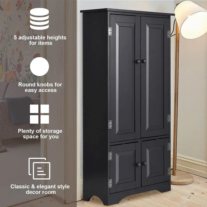 Mobile Contenitore a 4 Ripiani con 2 Ante e Scaffali Regolabili in MDF, Bianco Sporco/Nero, per 1 Persona