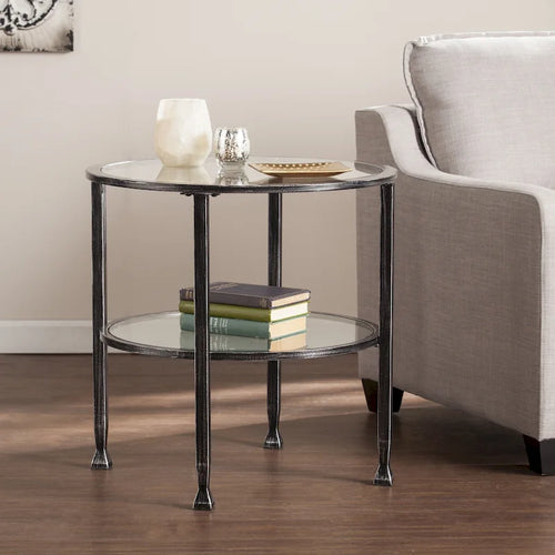 SEI Furniture Glenn Distressed Black Metal Round Side Table with Glass Top and Shelf