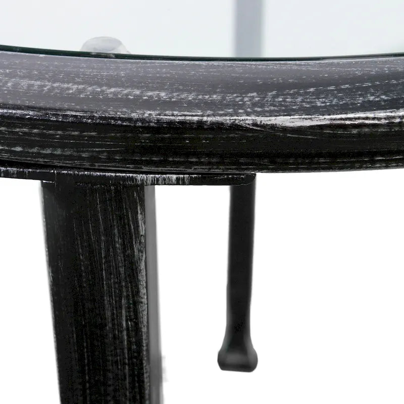 Tavolino Rotondo in Ferro Nero Invecchiato con Piano in Vetro Temperato e Ripiano Fisso per 1 Persona