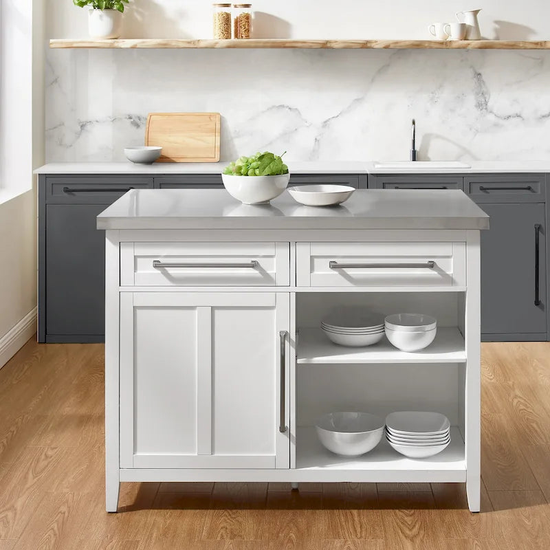 Isola cucina fissa bianca con piano in acciaio inossidabile, cassetti e armadietto per 1 persona