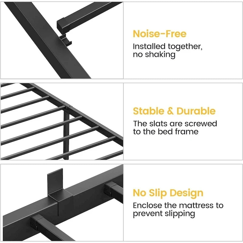 Struttura Letto Minimalista in Metallo Nero con 30 cm di Spazio Contenitore Sottostante, Nessuna Rete a Molle Necessaria per 1-2 Persone