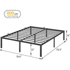 Struttura Letto Minimalista in Metallo Nero con 30 cm di Spazio Contenitore Sottostante, Nessuna Rete a Molle Necessaria per 1-2 Persone