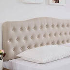 Testata letto matrimoniale "King Size" in lino grigio/beige con bottoni trapuntati, altezza regolabile e gambe in legno di hevea, per 1-2 persone