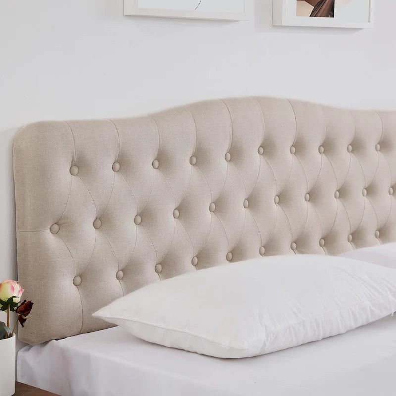 Testata letto matrimoniale "King Size" in lino grigio/beige con bottoni trapuntati, altezza regolabile e gambe in legno di hevea, per 1-2 persone