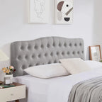 Testata letto matrimoniale "King Size" in lino grigio/beige con bottoni trapuntati, altezza regolabile e gambe in legno di hevea, per 1-2 persone