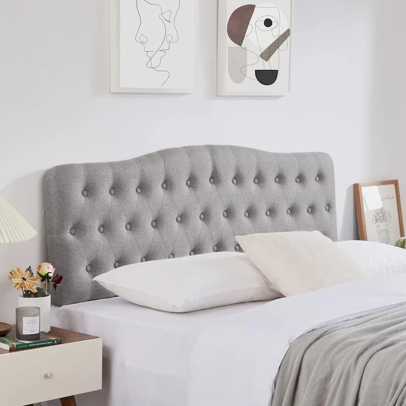 Testata letto matrimoniale "King Size" in lino grigio/beige con bottoni trapuntati, altezza regolabile e gambe in legno di hevea, per 1-2 persone