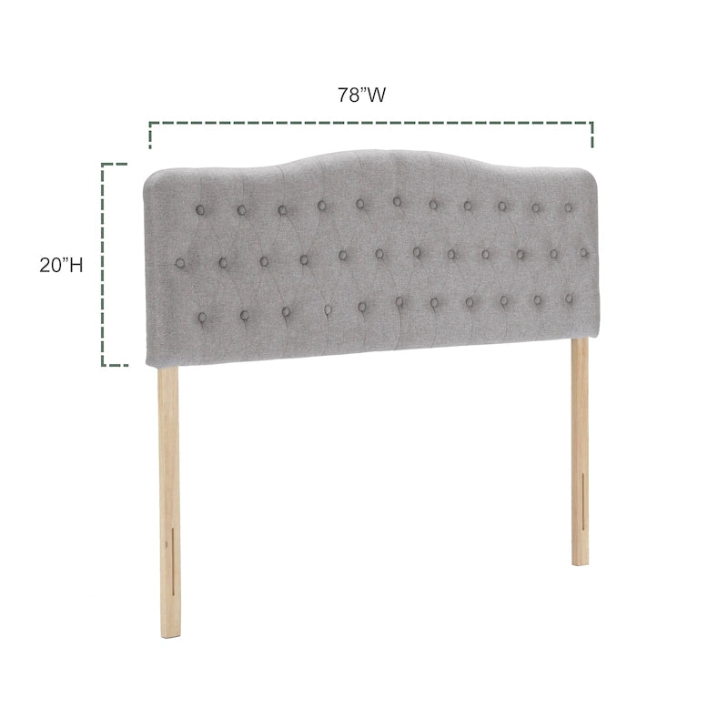 Testata letto matrimoniale "King Size" in lino grigio/beige con bottoni trapuntati, altezza regolabile e gambe in legno di hevea, per 1-2 persone